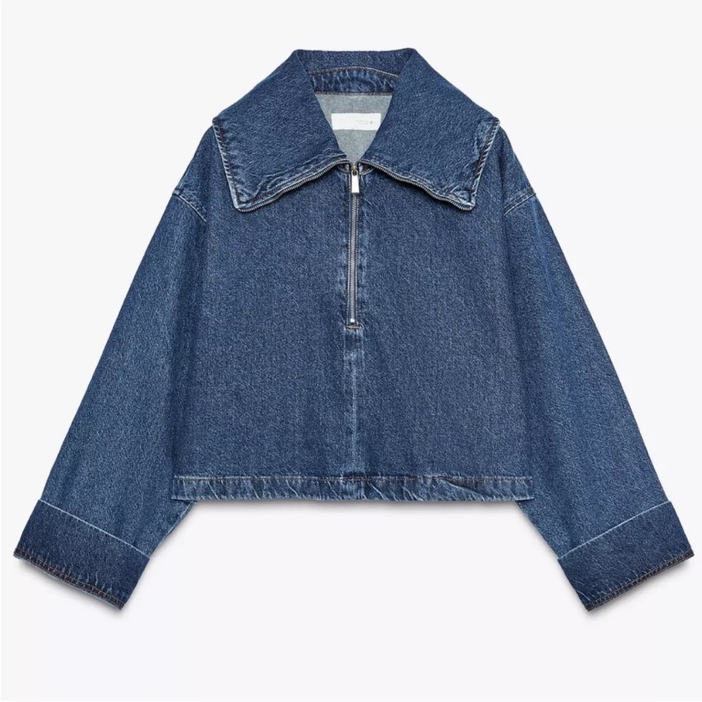 Zara Collared Women’s Cropped Denim Jean Jacket - Blue